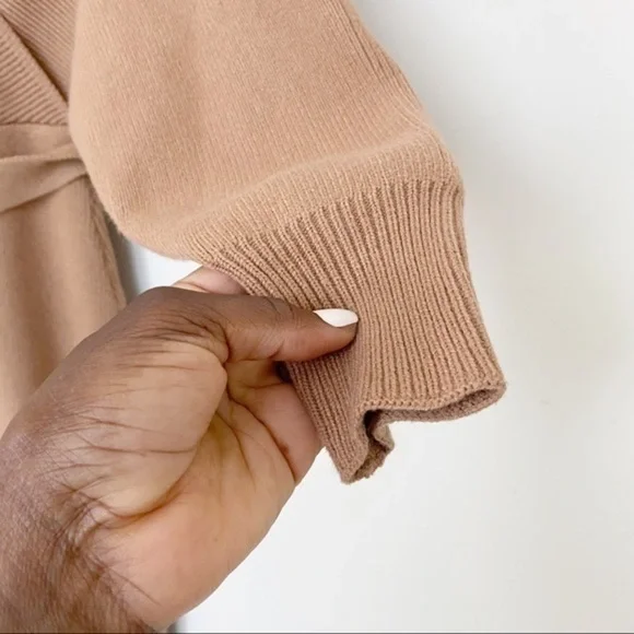 Cozy tan knit sweater midi dress with belt - Picture 7 of 13